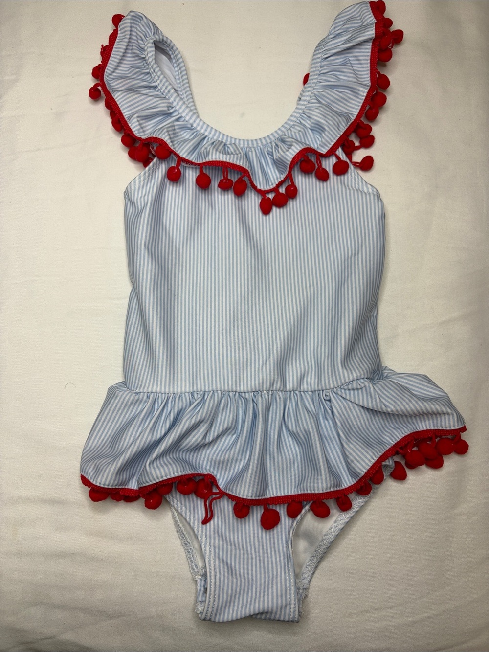 Cecil and Lou Blue Stripe One-Piece Swimsuit with Red Pom Trim
